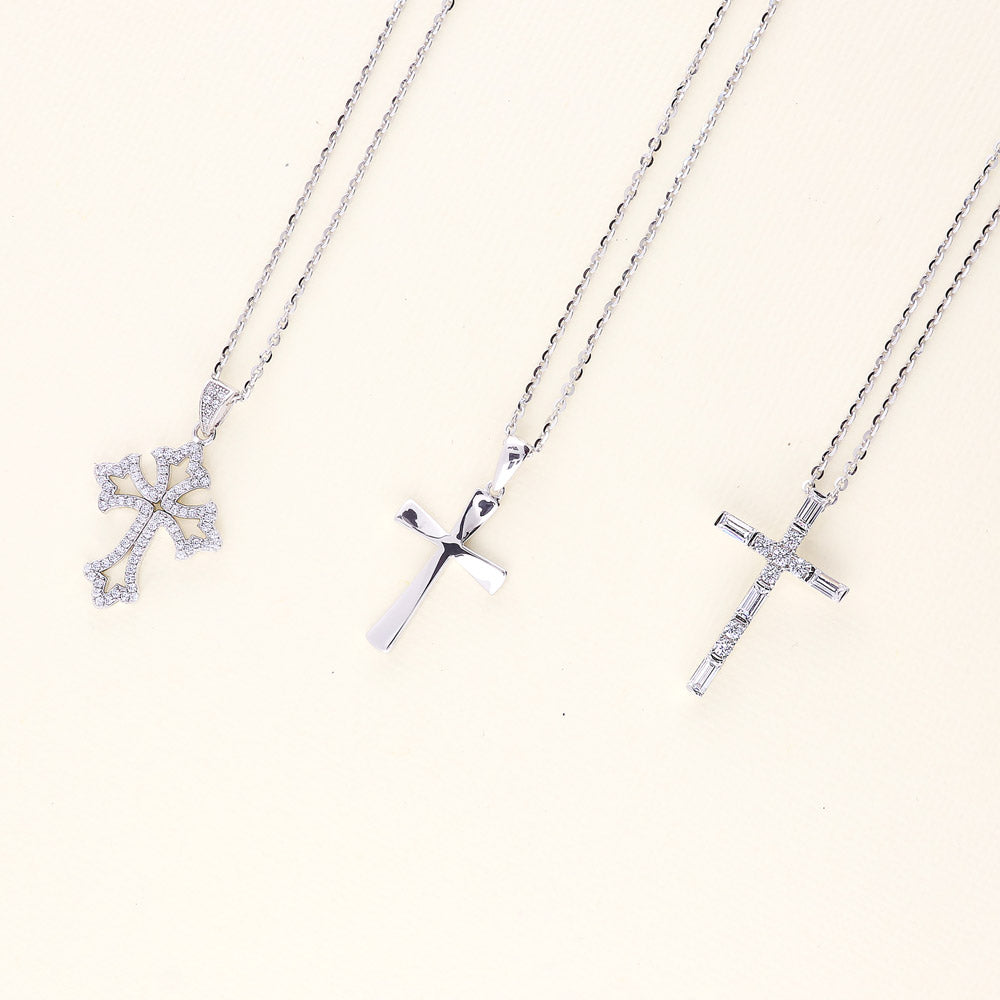 Flatlay view of Cross CZ Pendant Necklace in Sterling Silver, Rhodium Plated