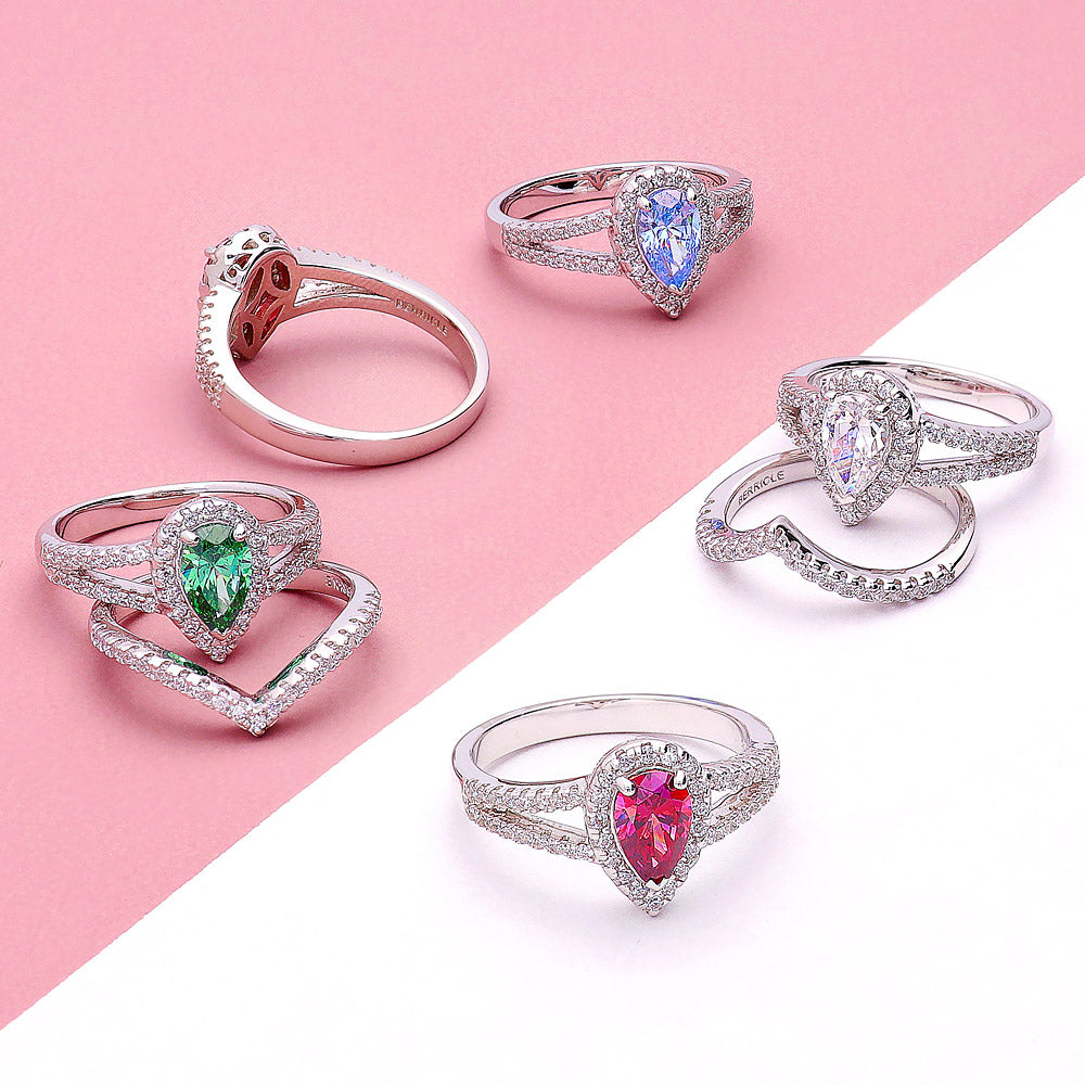 Halo Pear CZ Split Shank Ring in Sterling Silver