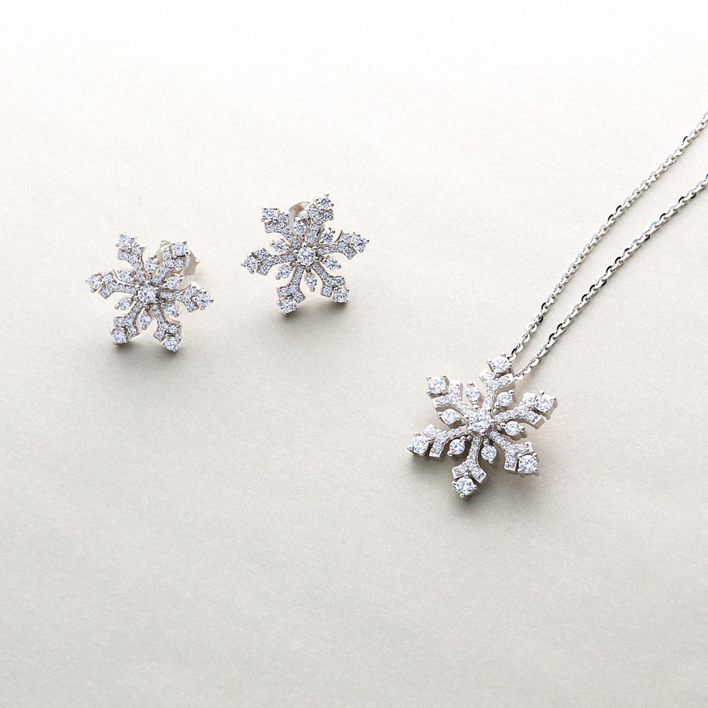 Flatlay view of Snowflake CZ Necklace and Earrings Set in Sterling Silver, 2 of 13