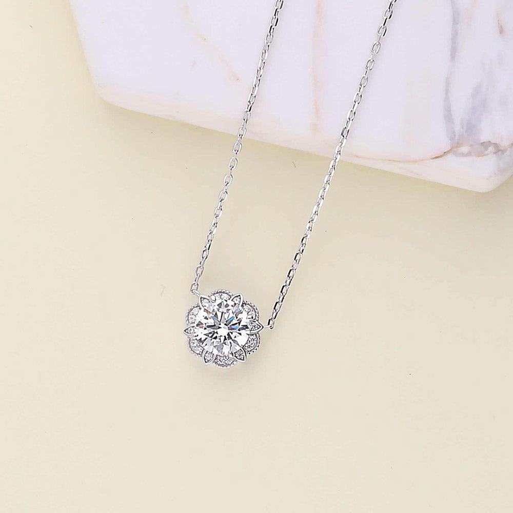 Flower Halo CZ Necklace and Earrings in Sterling Silver