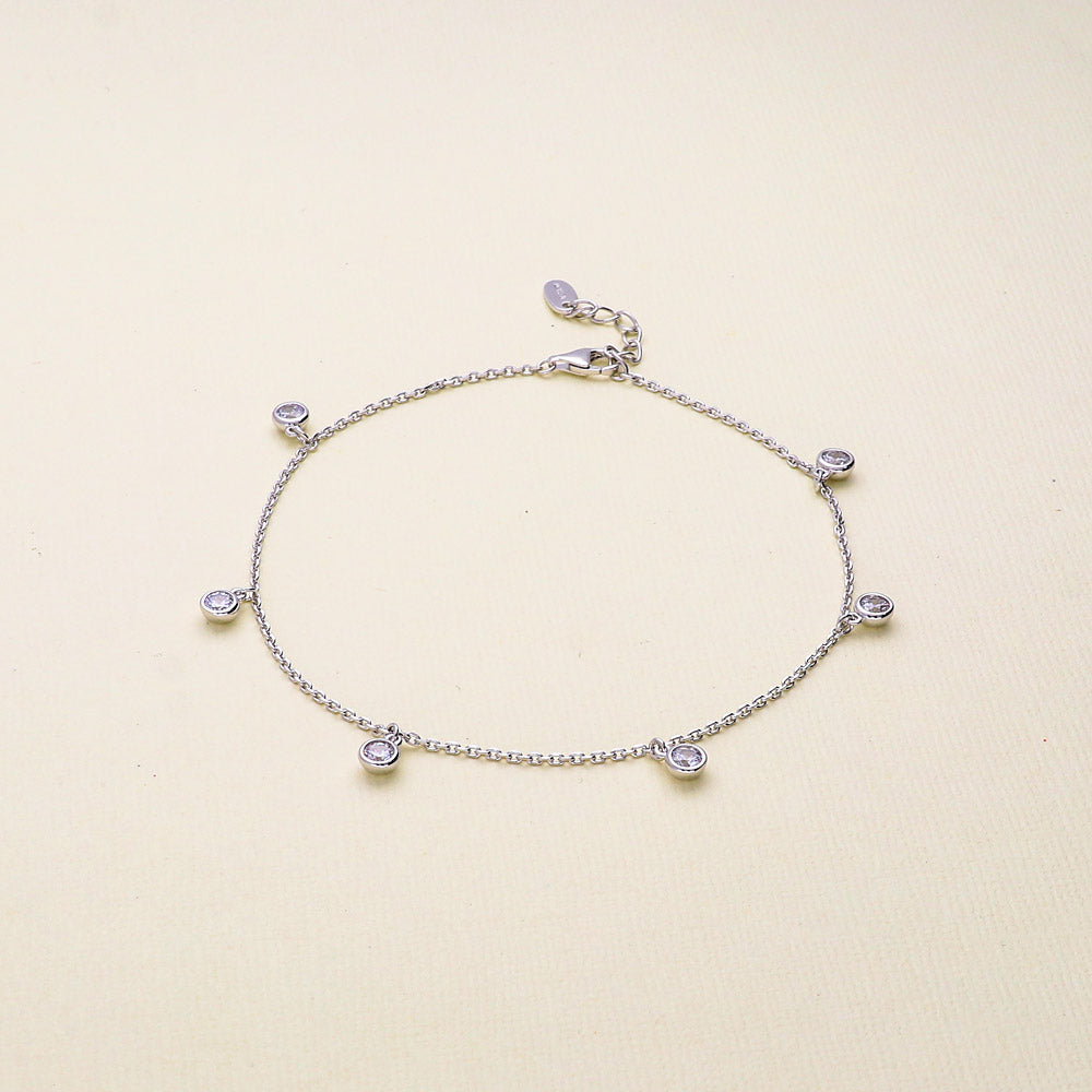 Flatlay view of CZ Cable Chain Charm Anklet in Sterling Silver, Clear