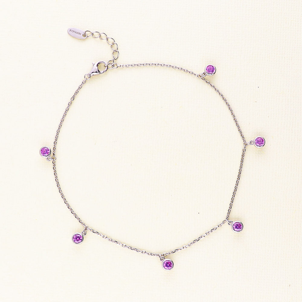 Flatlay view of CZ Cable Chain Charm Anklet in Sterling Silver, Purple