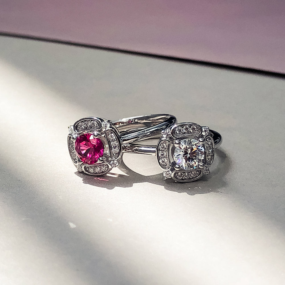Halo Flower Ruby-Red CZ Ring in Sterling Silver