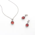 Flatlay view of Halo Clover Oval CZ Earrings in Sterling Silver, Red Color