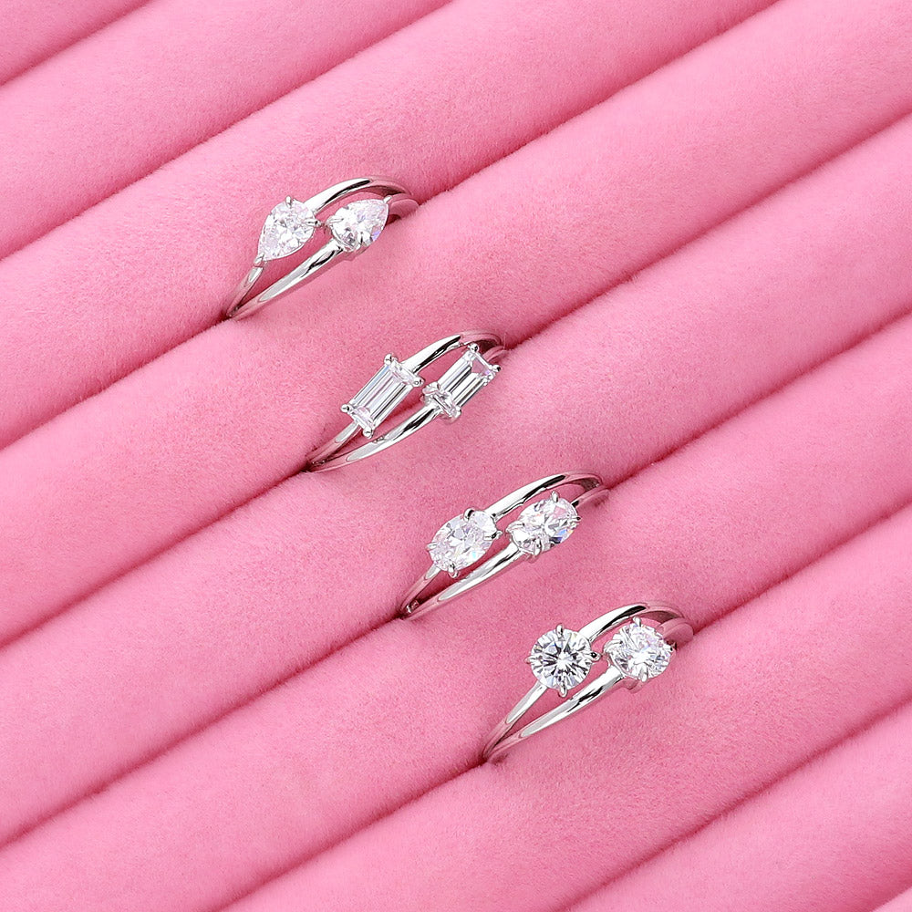 Flatlay view of Bypass 2-Stone CZ Split Shank Ring in Sterling Silver, 10 of 11