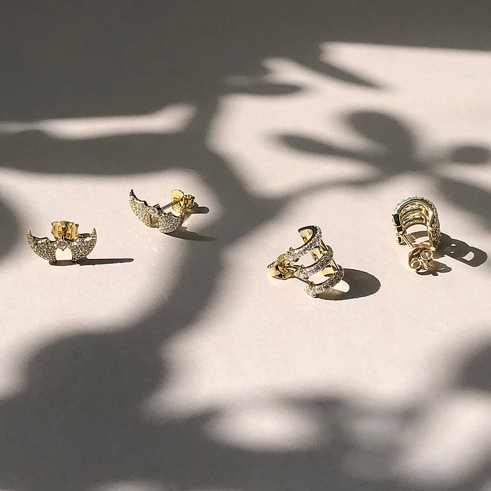 Bar Stud Earrings Style E1880-01, Bat Stud Earrings Style E1881-01 in Flatlay Display