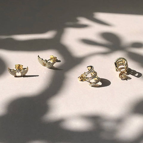 Bar Stud Earrings Style E1880-01, Bat Stud Earrings Style E1881-01 in Flatlay Display