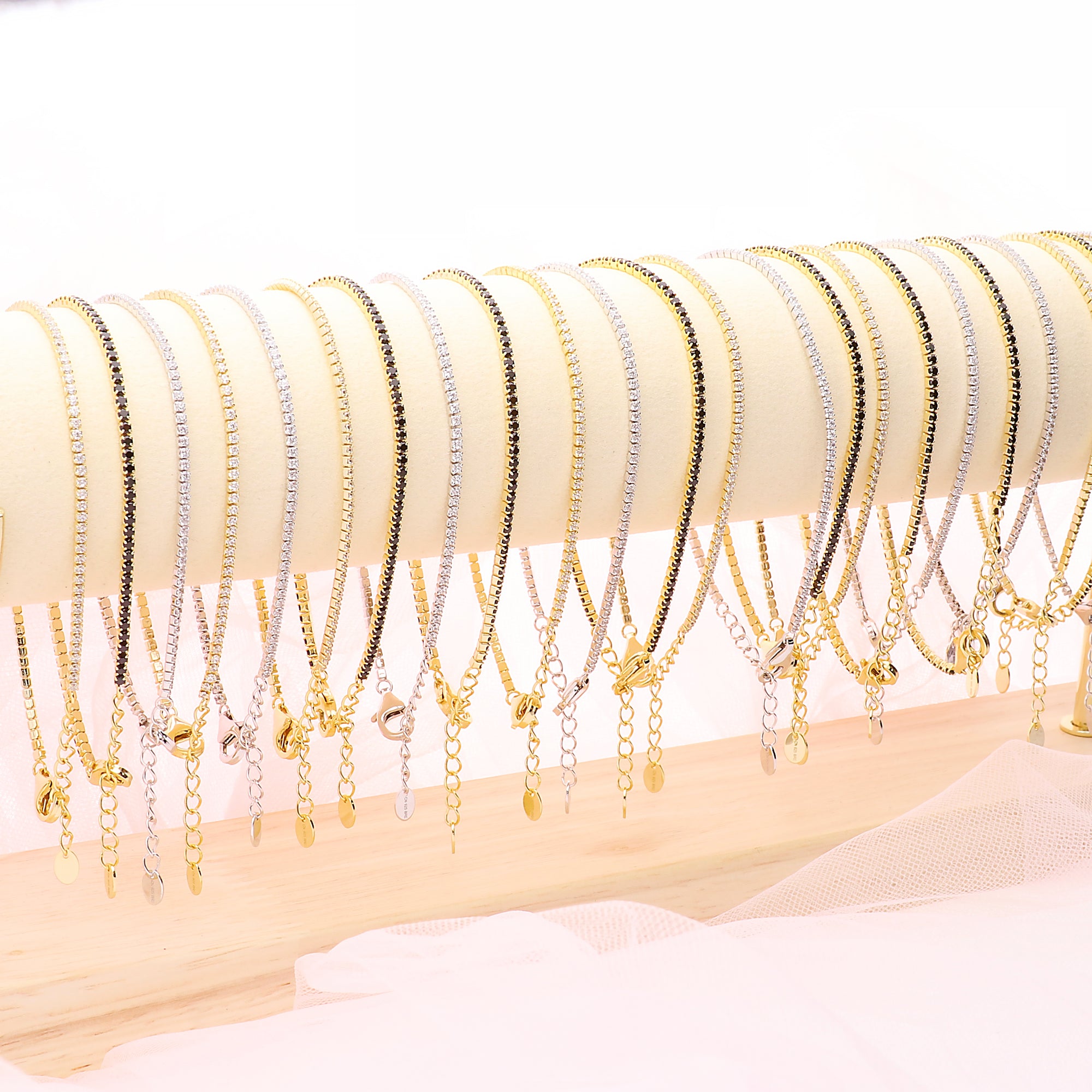 Assorted bracelets on a jewelry stand
