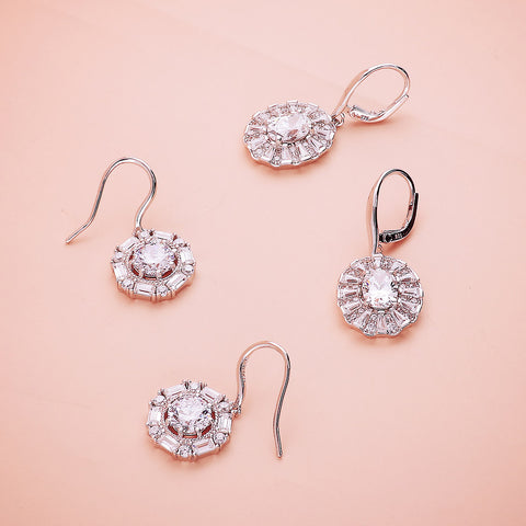 Halo Dangle Earrings Style E1737-01, Halo Dangle Earrings Style E1774-01 in Flatlay Display