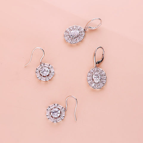 Halo Dangle Earrings Style E1737-01, Halo Dangle Earrings Style E1774-01 in Flatlay Display