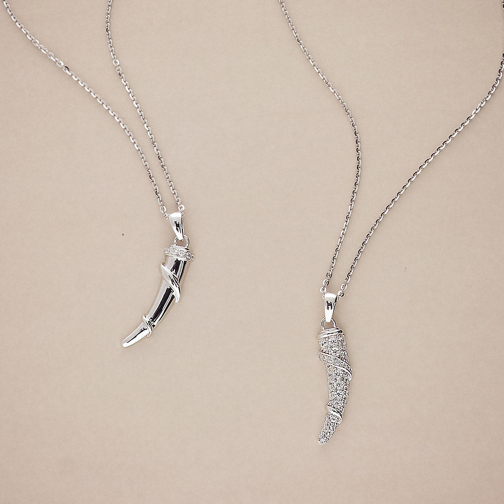 Flatlay view of Horn CZ Pendant Necklace in Sterling Silver