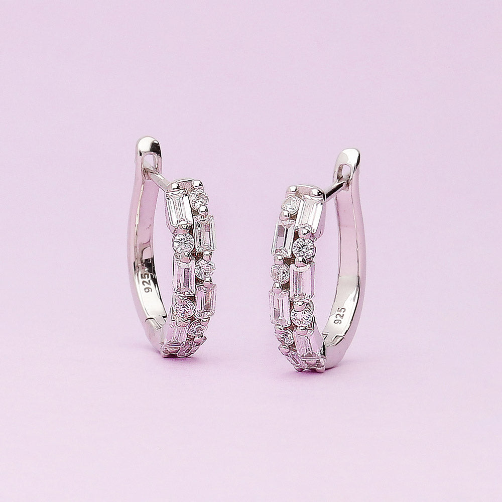 Flatlay view of Bar CZ Small Huggie Earrings in Sterling Silver 0.7 inch, 4 of 7