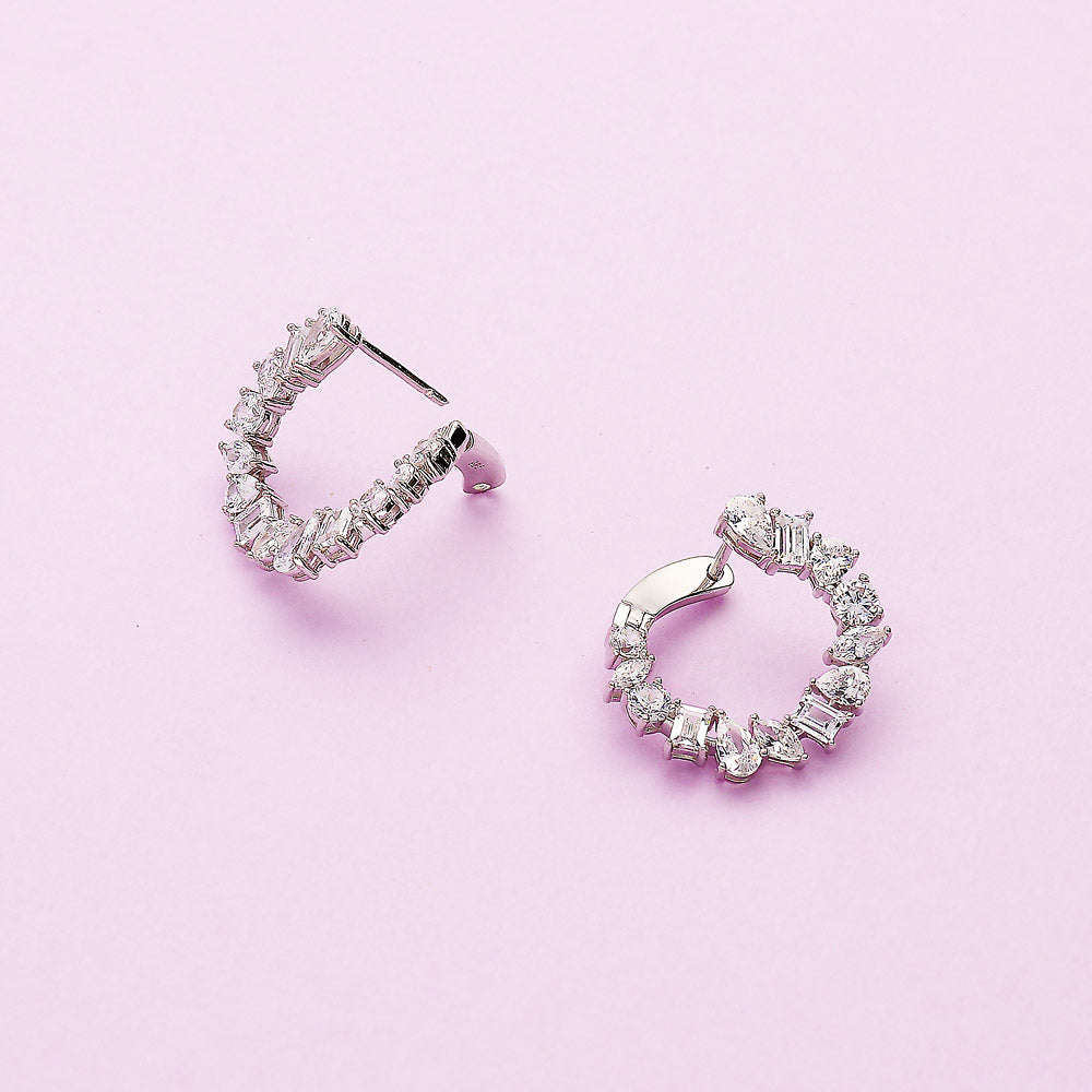 Flatlay view of Cluster CZ Small Hoop Earrings in Sterling Silver 0.8 inch, 5 of 9