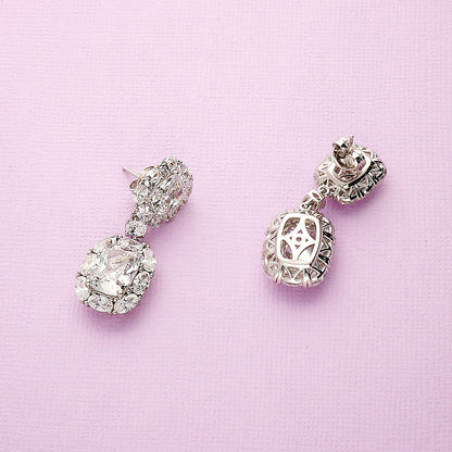 Halo Cushion CZ Chandelier Earrings in Sterling Silver