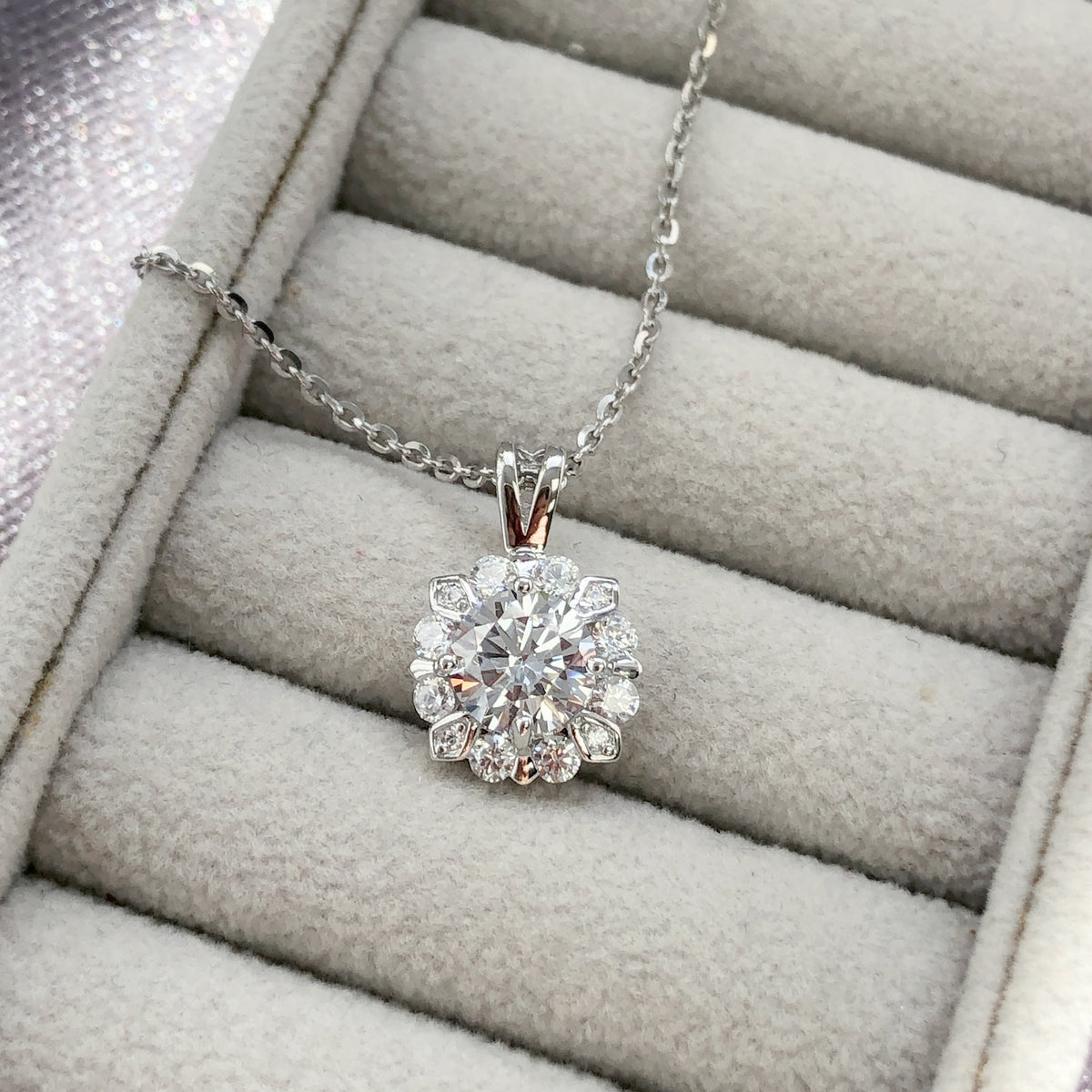 Halo Pendant Necklace Style N1736-01 in Flatlay Display