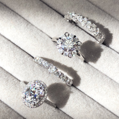 Eternity Ring Style R1879-01, Halo Ring Style R1753-01 in Flatlay Display