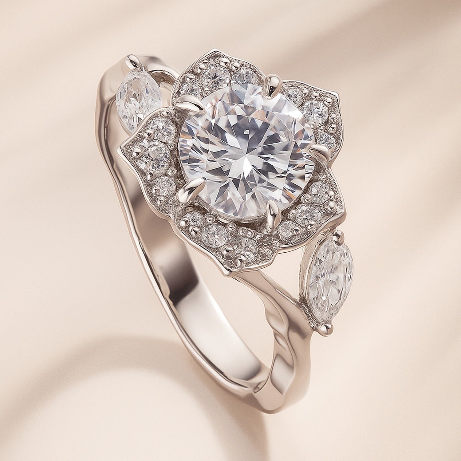 Sterling Silver Halo Flower Art Deco Promise Engagement Ring