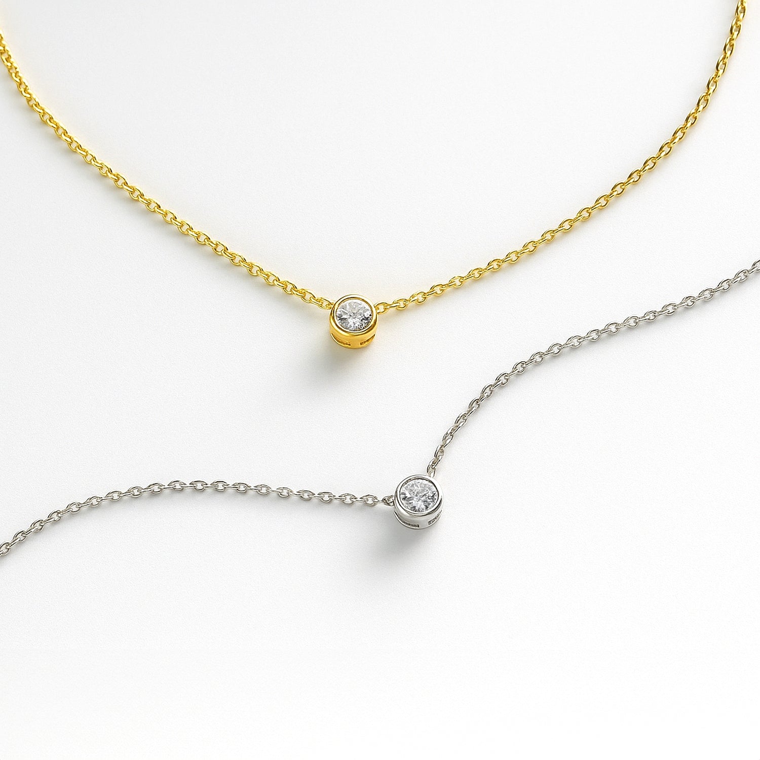 Angle view of Solitaire Bezel CZ Necklace in Sterling Silver