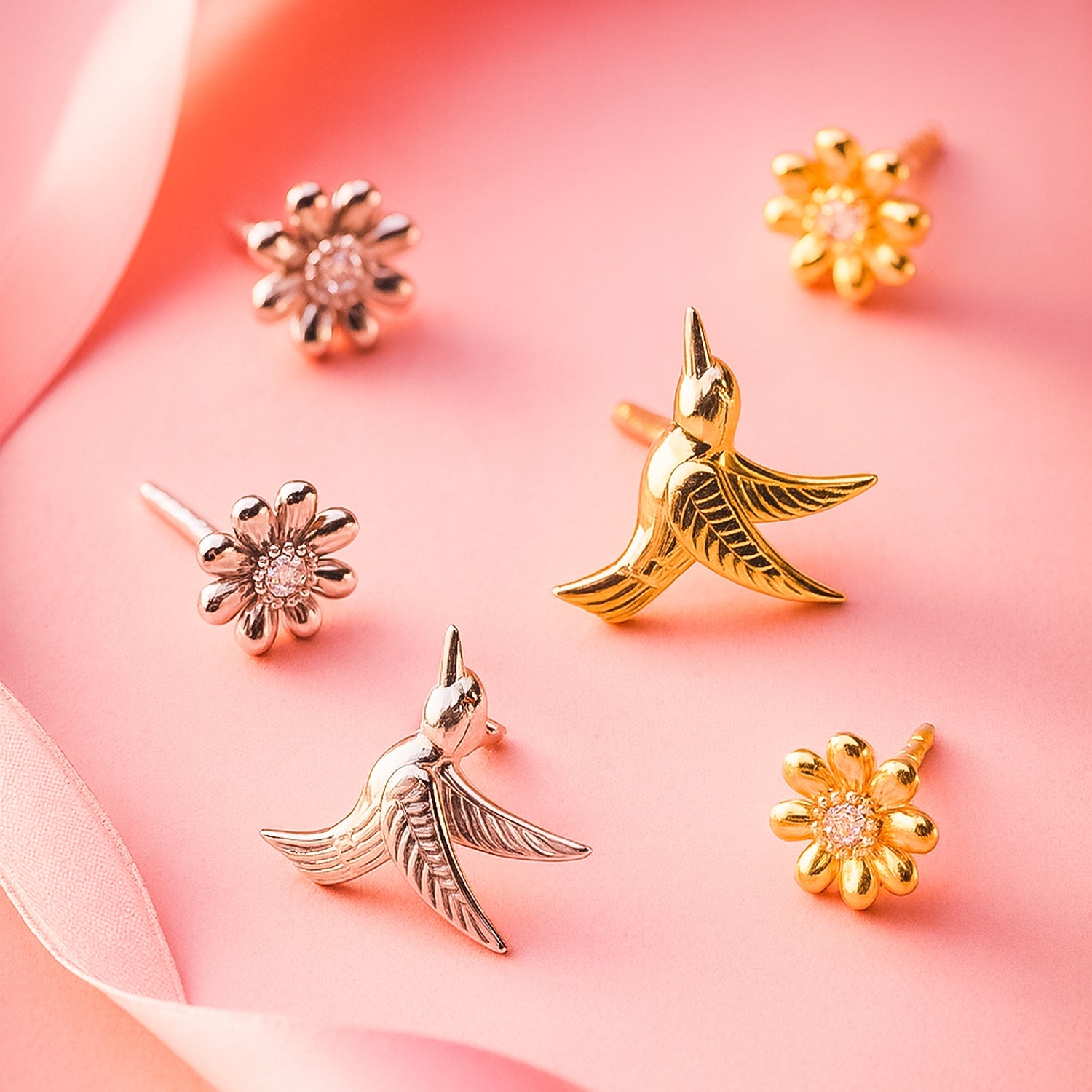 Hummingbird Flower CZ Stud Earrings in Sterling Silver