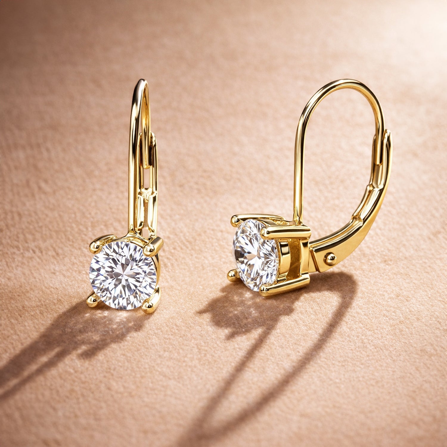 Solitaire CZ Leverback Earrings in Gold Flashed Sterling Silver, 5mm