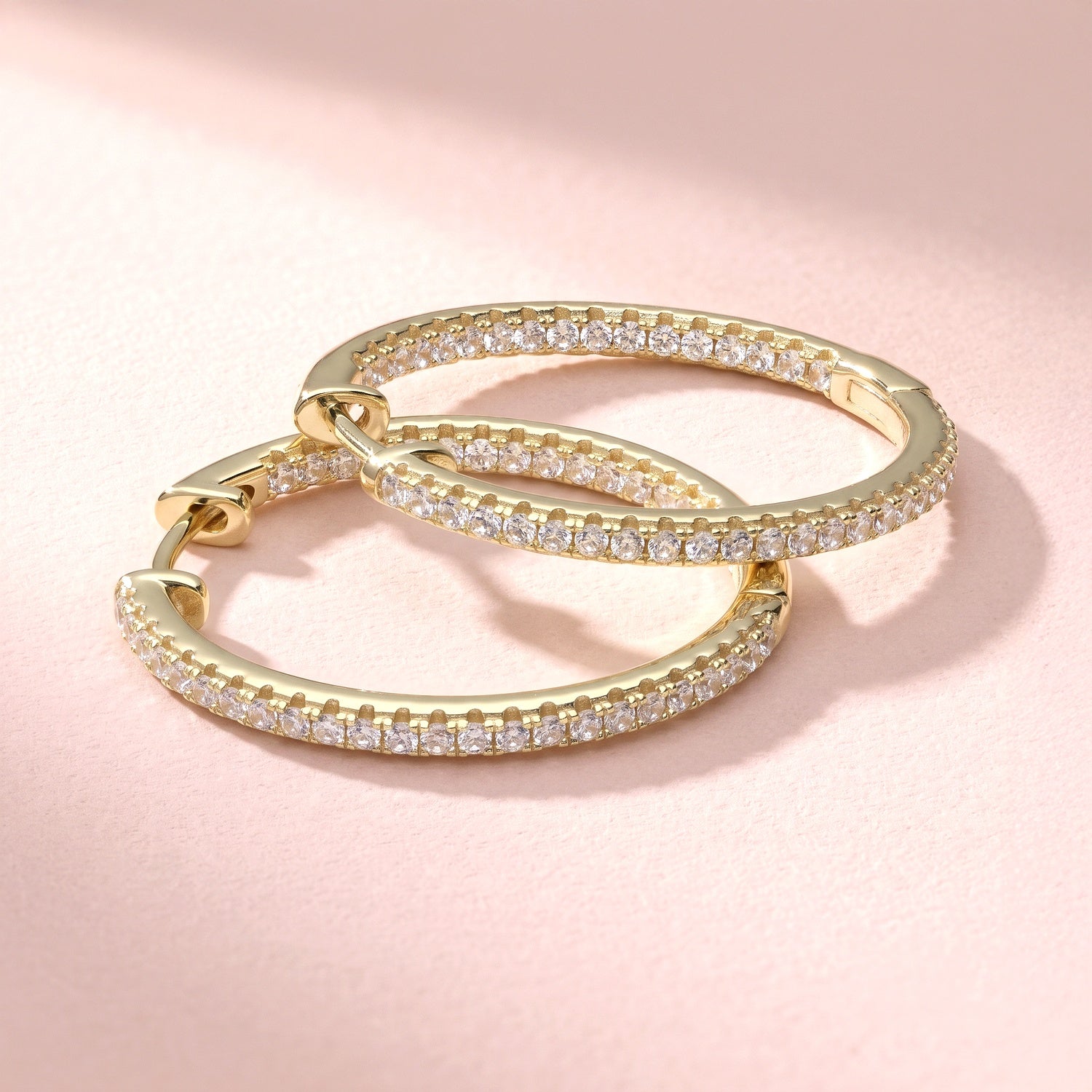 Front view of CZ Small Hoop Earrings in Sterling Silver, 1 inch, Gold Flashed