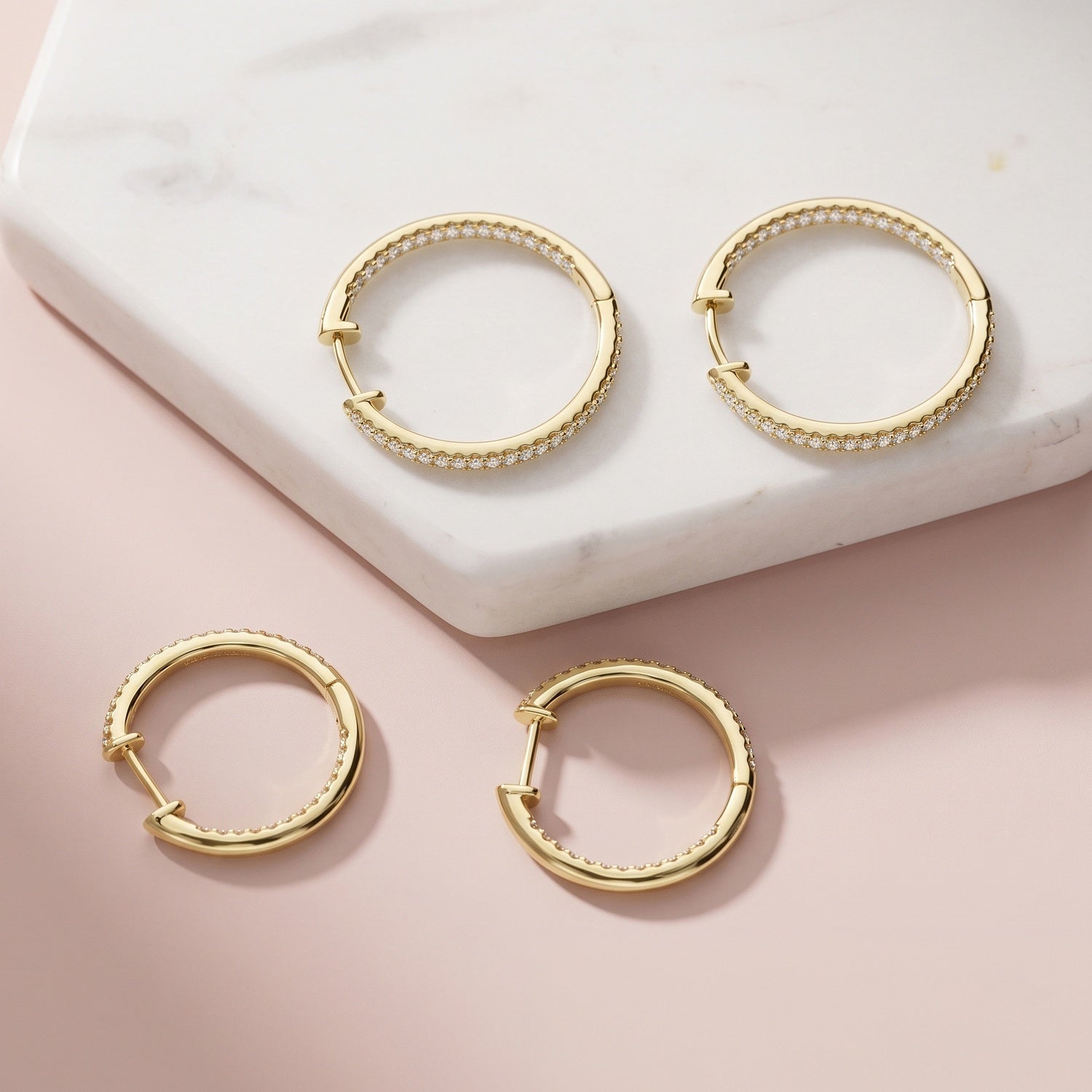 Angle view of CZ Small Hoop Earrings in Sterling Silver, 0.9 inch, Gold Flashed