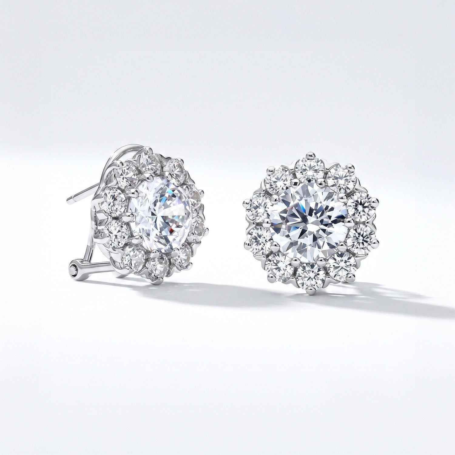 Alternate view of Flower Halo CZ Omega Back Stud Earrings in Sterling Silver, 6 of 8