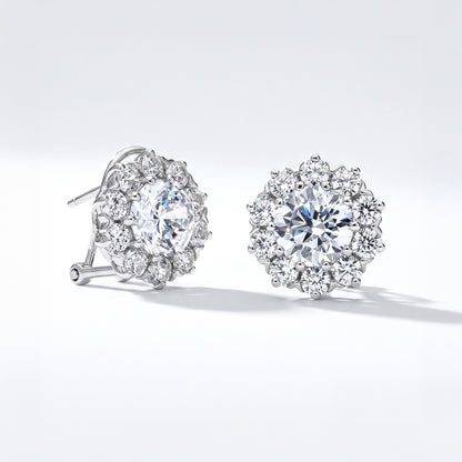 Flower Halo CZ Omega Back Stud Earrings in Sterling Silver