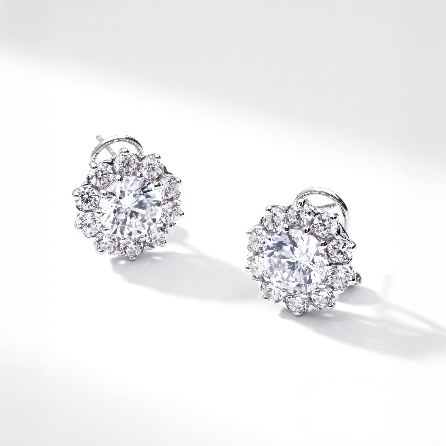 Flower Halo CZ Omega Back Stud Earrings in Sterling Silver