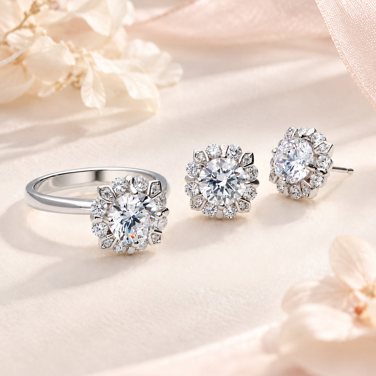 Halo Ring Style R1908-01, Halo Stud Earrings Style E1902-01