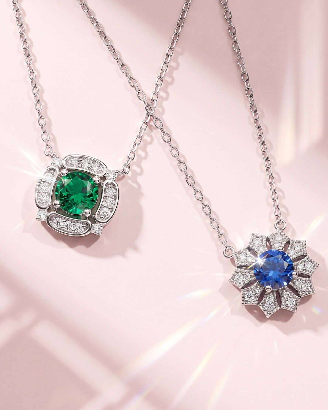 Two silver pendant necklaces on a soft pink background. One necklace features a round green stone surrounded by small clear stones, and the other features a round blue sapphire color stone surrounded by petal-shaped clear stones.