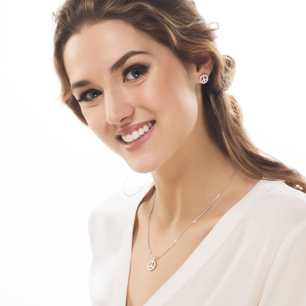 Peace Sign CZ Necklace in Sterling Silver
