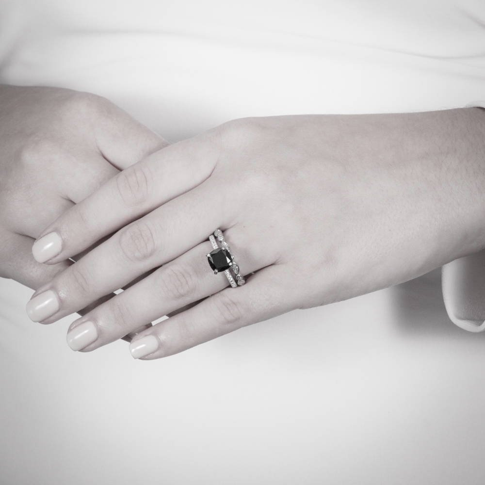 Model wearing Solitaire 3ct Black Cushion CZ Ring in Sterling Silver, 9 of 19