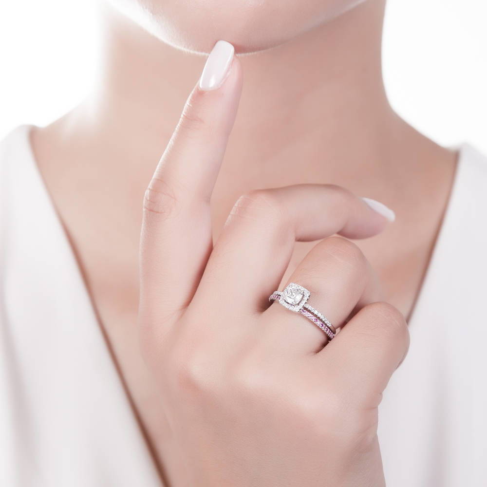 Model wearing Halo Cushion Cut CZ Ring in Sterling Silver, 12 of 19