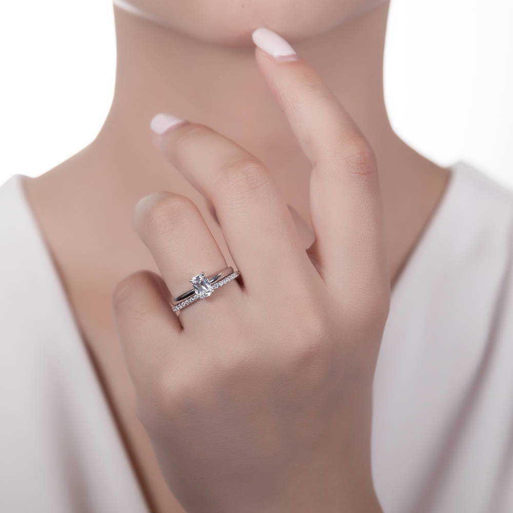 Model wearing Pave CZ Eternity Ring in Sterling Silver, 15 of 18