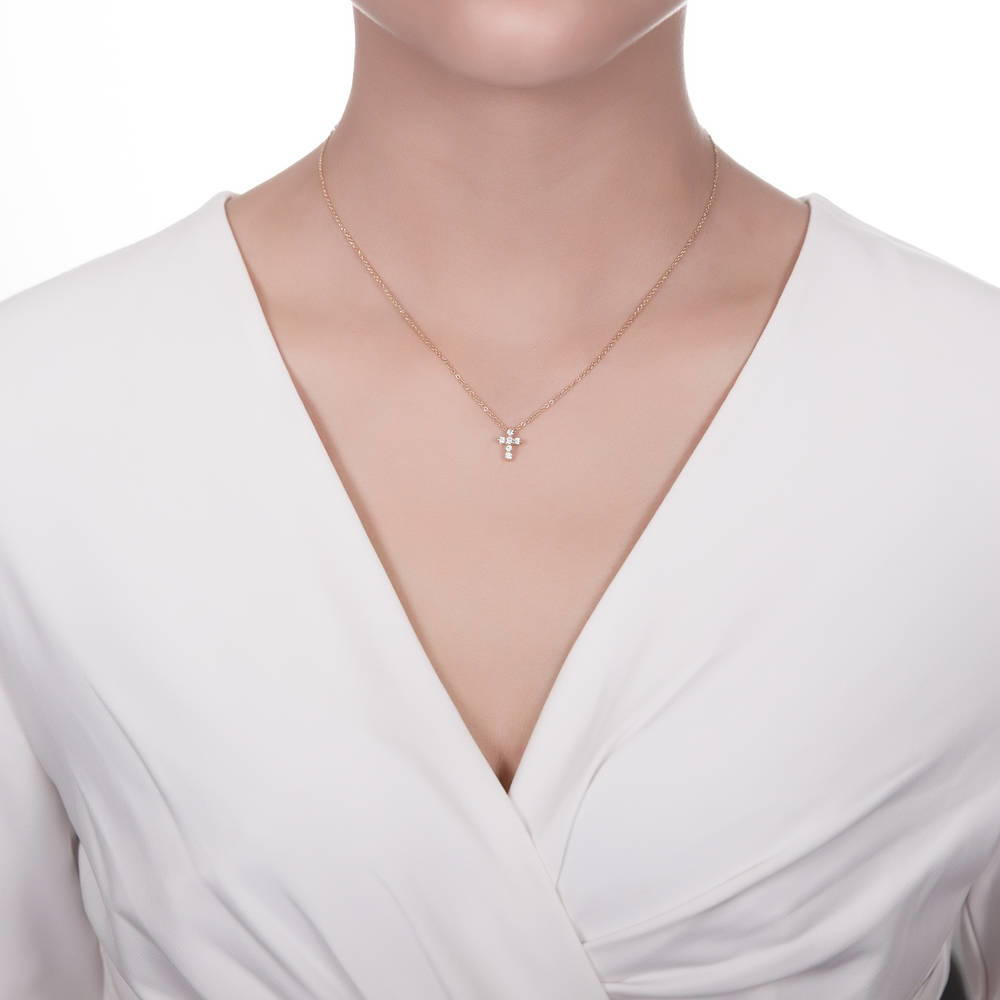 Model wearing Cross CZ Pendant Necklace in Sterling Silver, Rhodium Plated