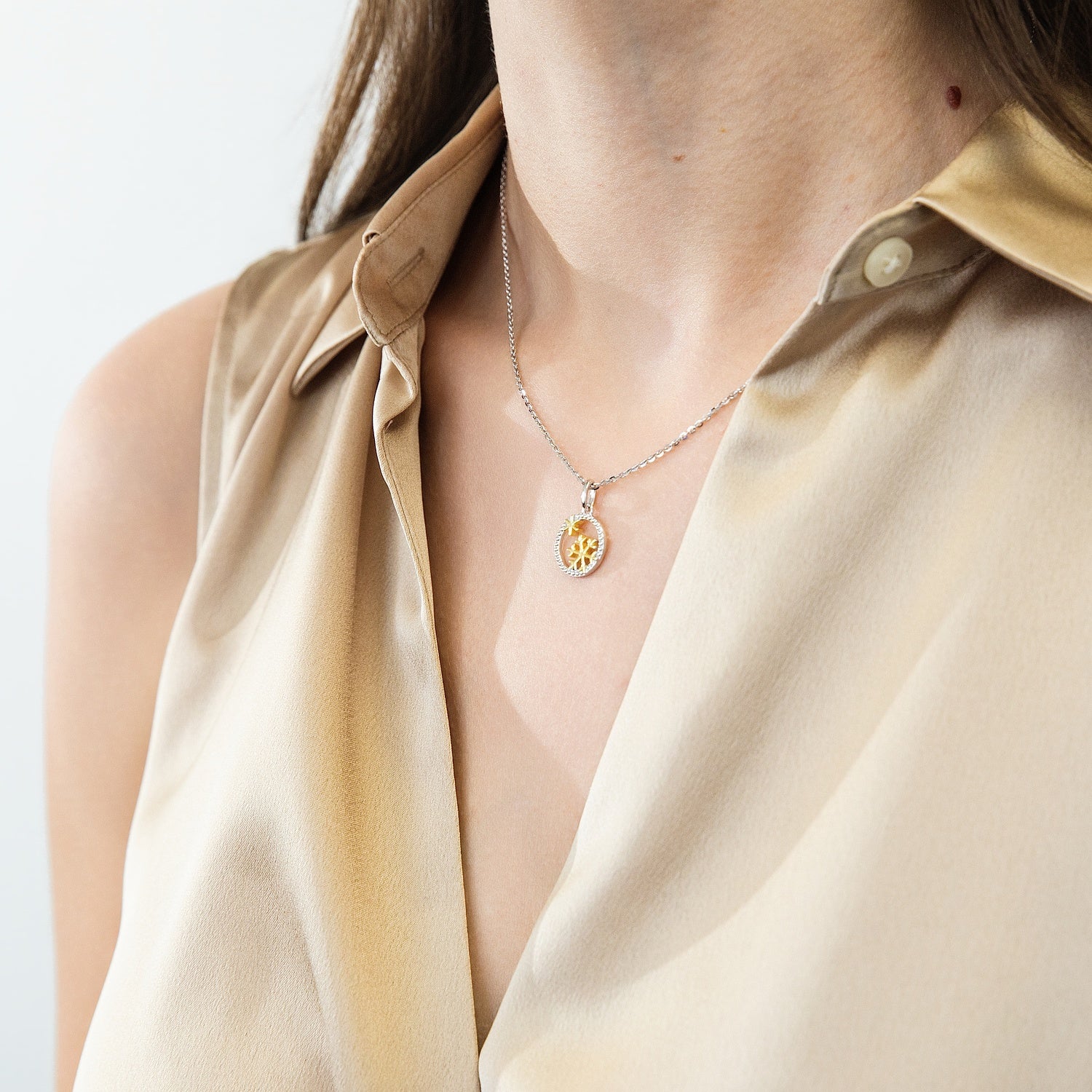Model wearing Snowflake Necklace in Gold Flashed Sterling Silver, 2 of 7