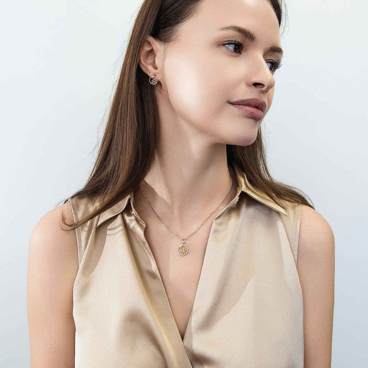 Model Wearing Snowflake Necklace Style N1723-01, Snowflake Stud Earrings Style E1886-01