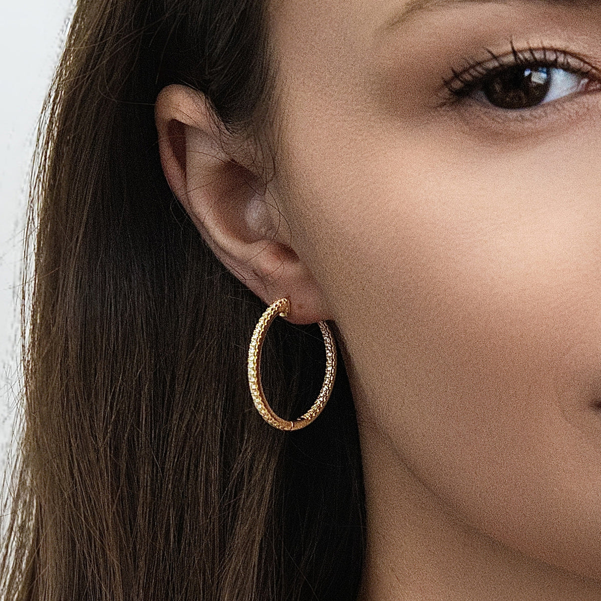 Model wearing CZ Hoop Earrings in Gold Flashed Sterling Silver 0.9-1 inch, 2 Pairs, 2-Pair Set, 1 inch