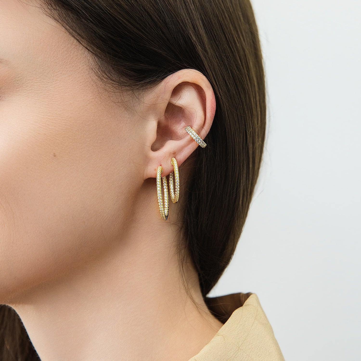 Model wearing CZ Ear Cuff Cartilage Earrings in Sterling Silver, 2 Pairs, Style 3