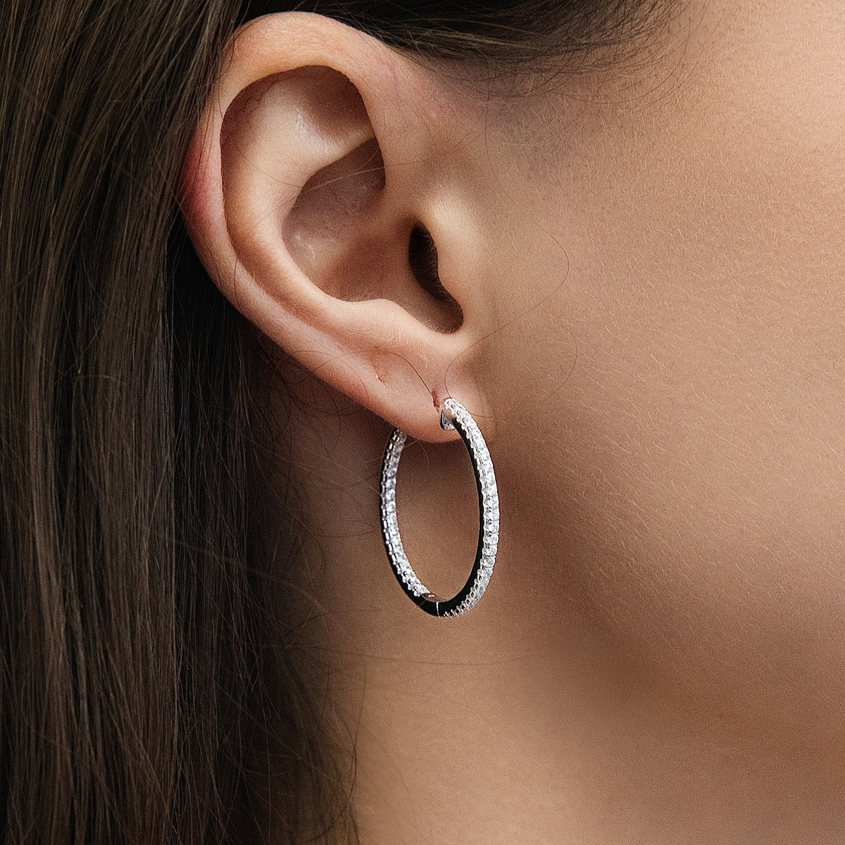 Model wearing CZ Hoop Earrings in Gold Flashed Sterling Silver 0.9-1 inch, 2 Pairs, 2-Pair Set, 1 inch