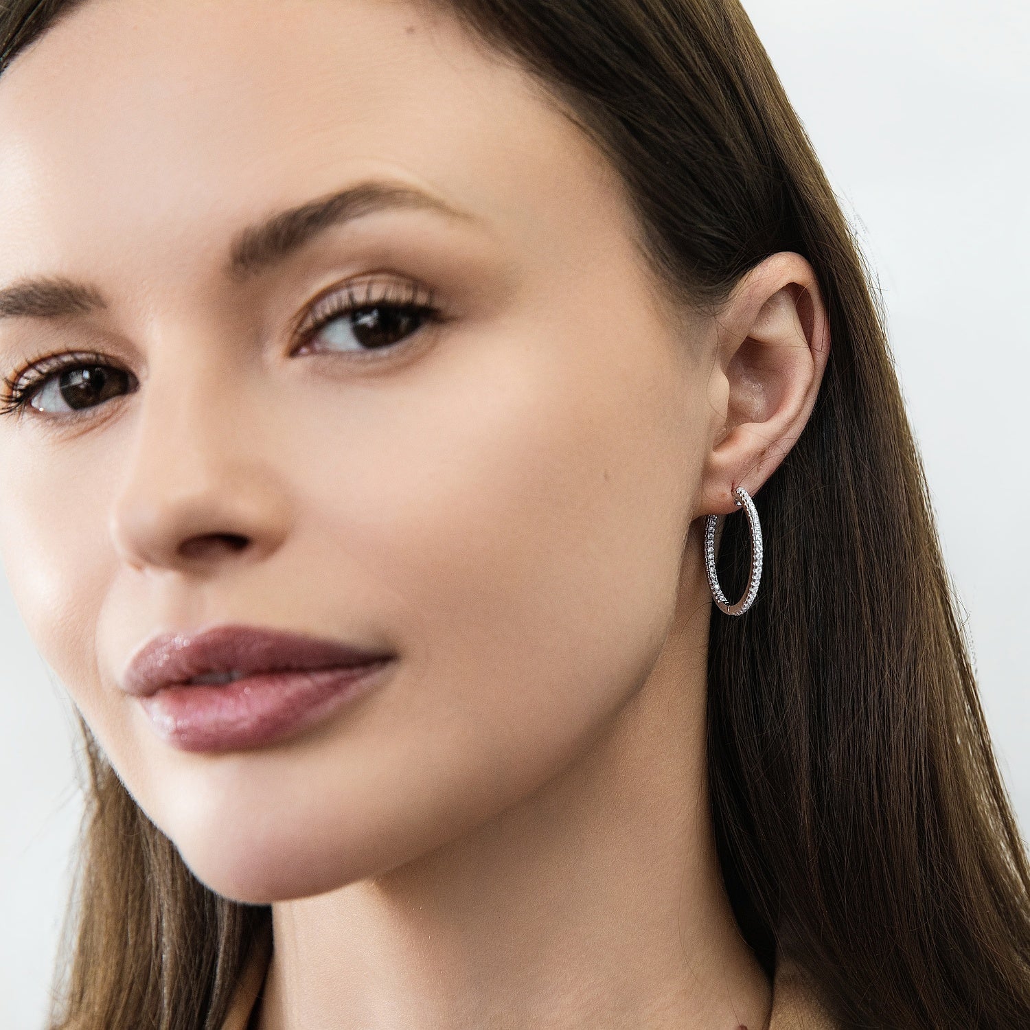 Model wearing CZ Hoop Earrings in Gold Flashed Sterling Silver 0.9-1 inch, 2 Pairs, 2-Pair Set, 1 inch
