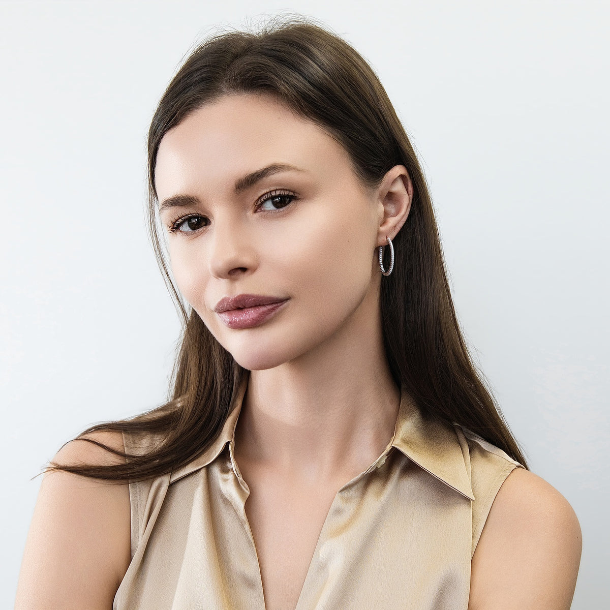 Model wearing CZ Hoop Earrings in Gold Flashed Sterling Silver 0.9-1 inch, 2 Pairs, 2-Pair Set, 1 inch