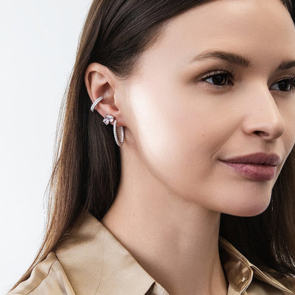 Model Wearing 2-Stone Stud Earrings Style E1692-01, Ear Cuff Helix Cartilage Earrings Style E1454-01