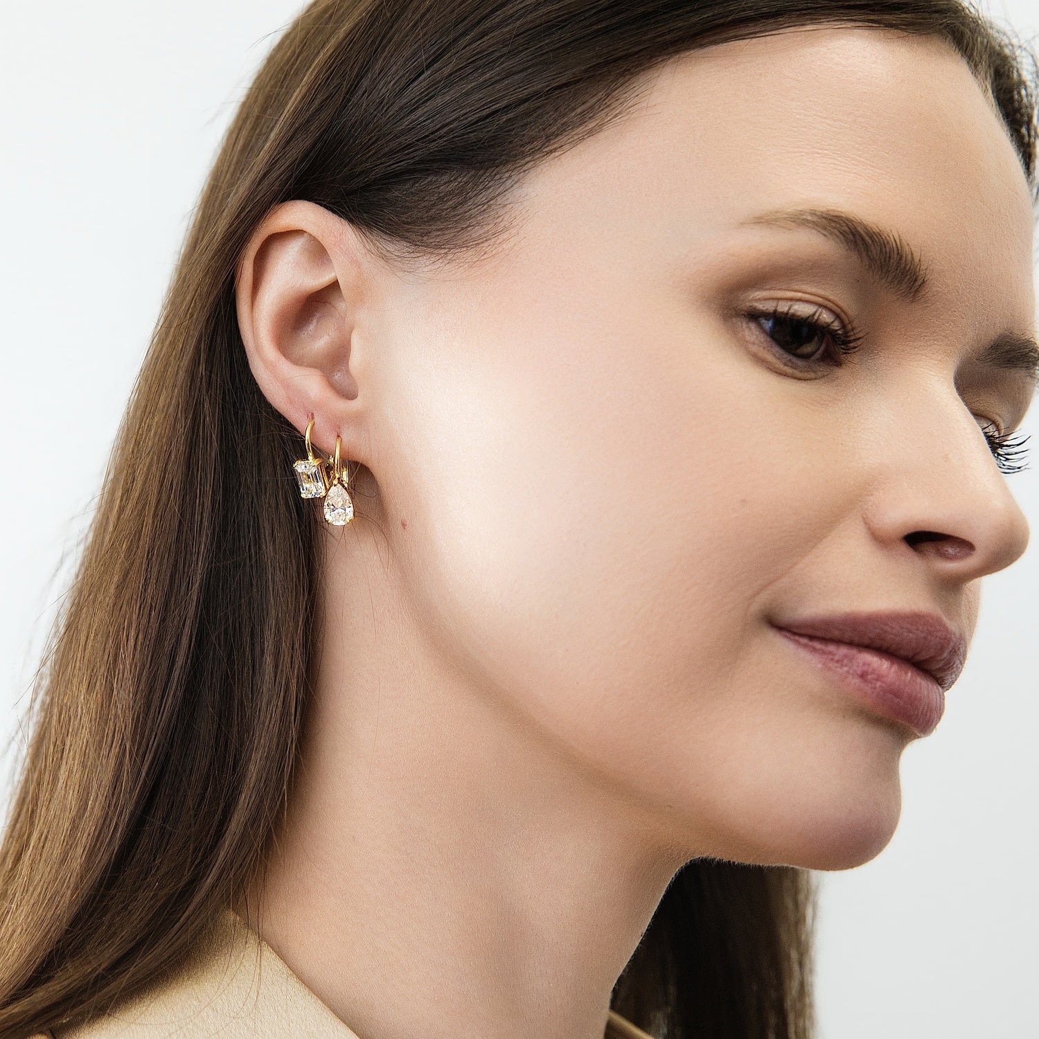 Model Wearing Solitaire Dangle Earrings Style E1246-02, Solitaire Dangle Earrings Style E1256-05