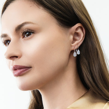 Model Wearing Solitaire Dangle Earrings Style E1256-01, Solitaire Dangle Earrings Style E1921-01