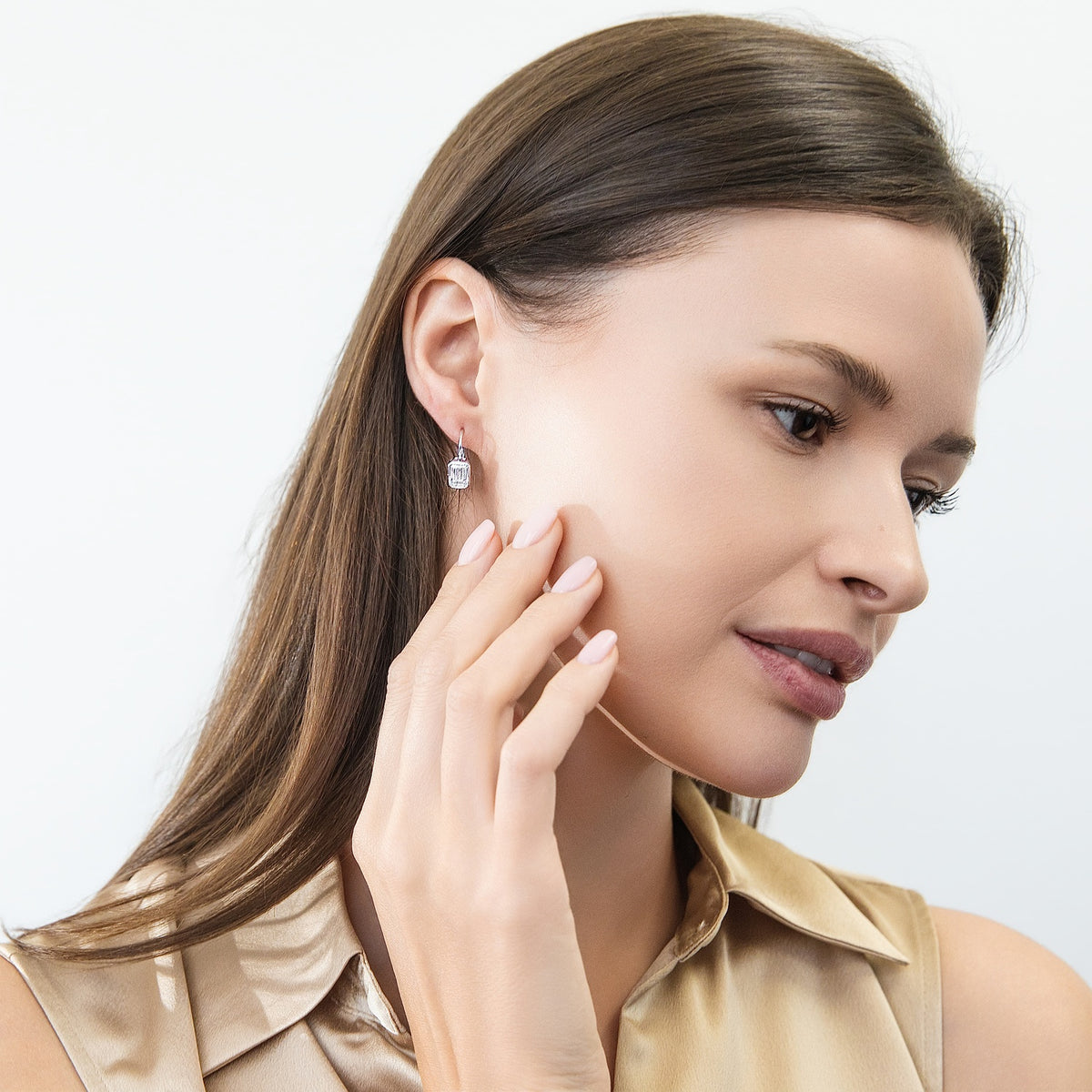 Model wearing Solitaire CZ Leverback Earrings in Gold Flashed Sterling Silver, 11 of 12