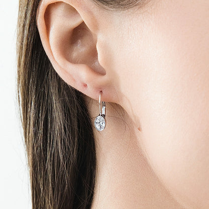 Model Wearing Solitaire Drop Dangle Earrings Style E1922-01