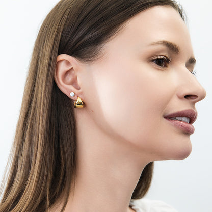 Model Wearing Dome Hoop Huggie Earrings Style E1917-02, Solitaire Stud Earrings Style E672-13-05
