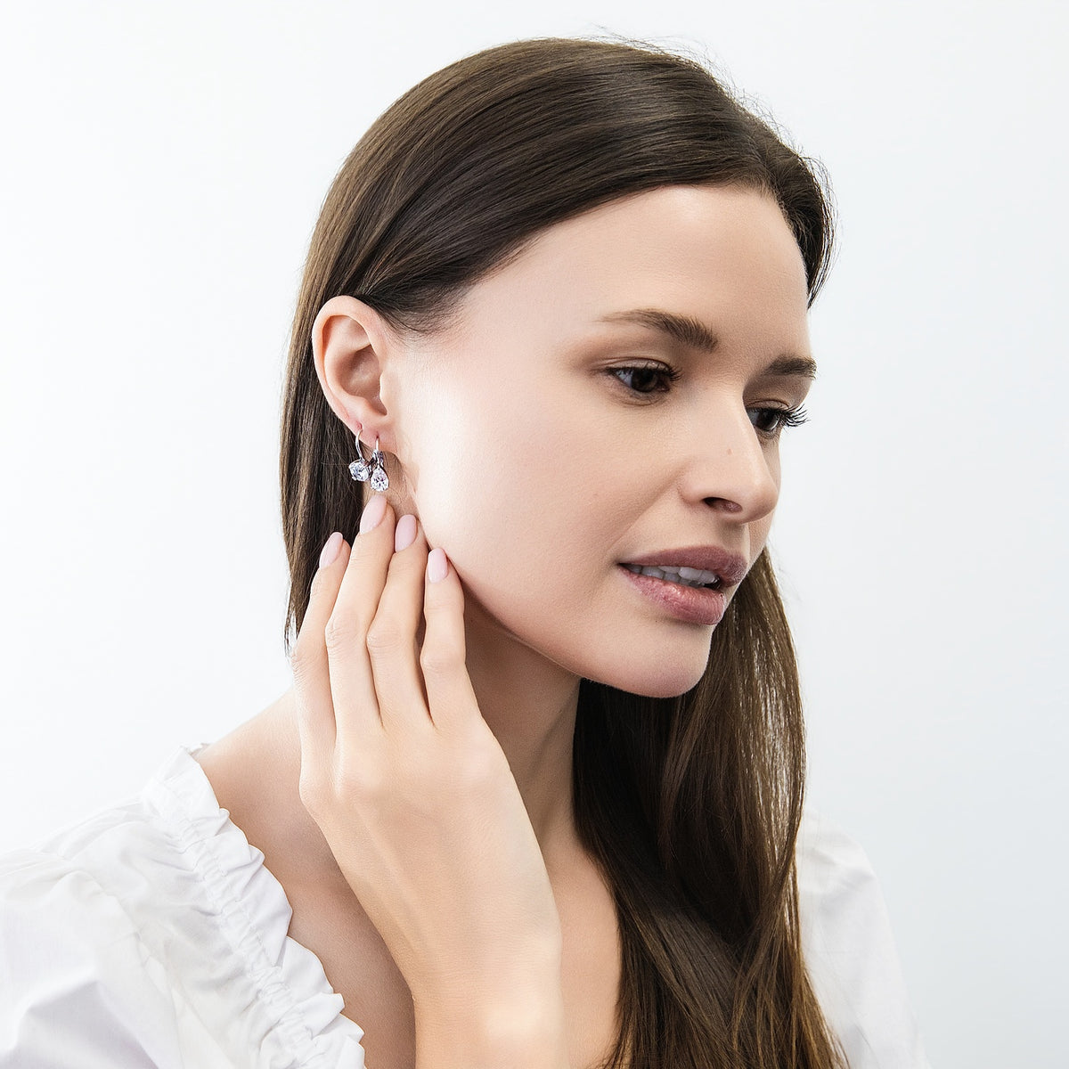 Model wearing Solitaire CZ Earrings in Gold Flashed Sterling Silver, 2 Pairs, 12 of 16
